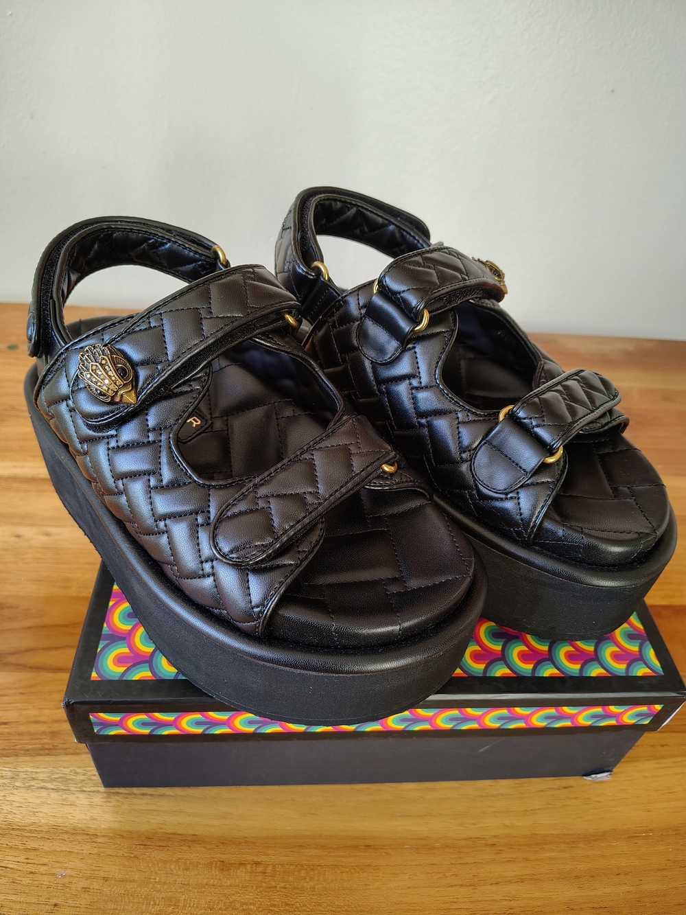 Kurt Geiger Black Quilted Platform Sandals with Gold Accents